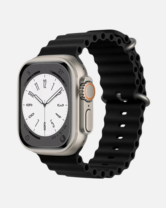 Black breathable silicone strap for Apple Watch 42/44/45/49mm, featuring a secure buckle and wavy design.