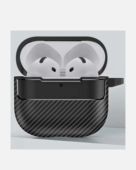 Carbon texture case for AirPods 4 in black, offering rugged protection and stylish design with secure carabiner.