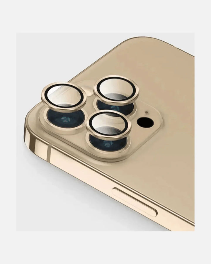 Close-up of iPhone 13 Pro lens protector showcasing crystal clear HD tempered glass protection.
