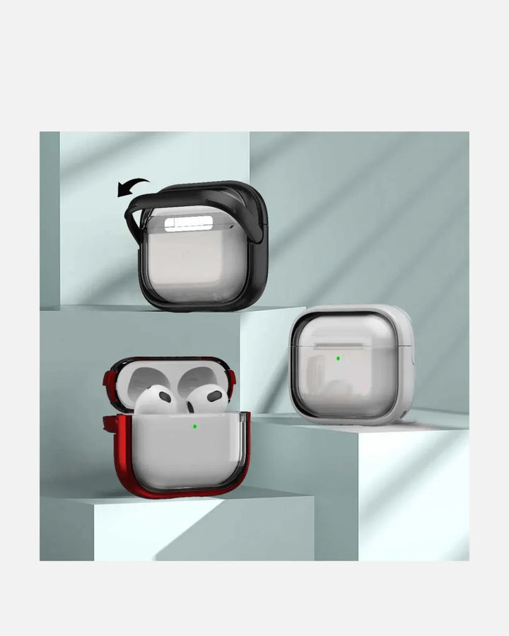 Transparent Shockproof AirPods case with kickstand, showcasing black, red, and white options on display.