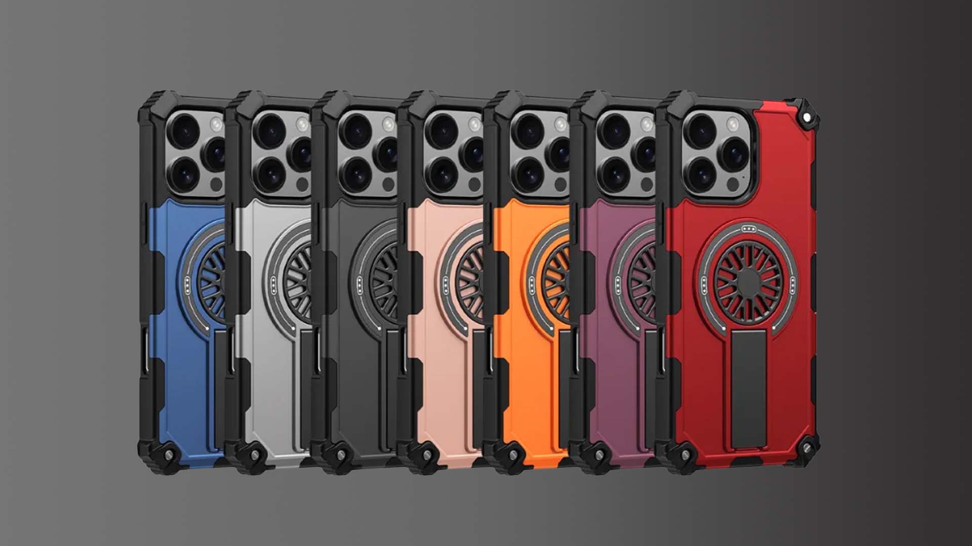 Shockproof rugged phone cases with cooling fan design in multiple colors for iPhone protection