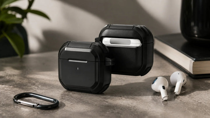 Creslia rugged protective AirPods case in black with carabiner clip — versatile design fits both AirPods 4 and AirPods Pro 2