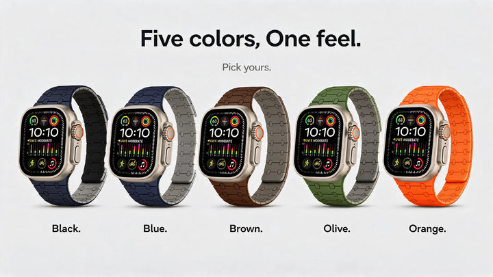 Creslia Apple Watch band lineup in five colors — black, blue, brown, olive green and orange — premium nylon and silicone bands shown side-by-side