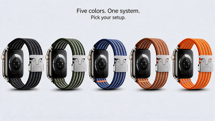 Creslia nylon loop Apple Watch band lineup in five colors — black, olive, blue, brown and orange — premium woven nylon with hook-and-loop closure