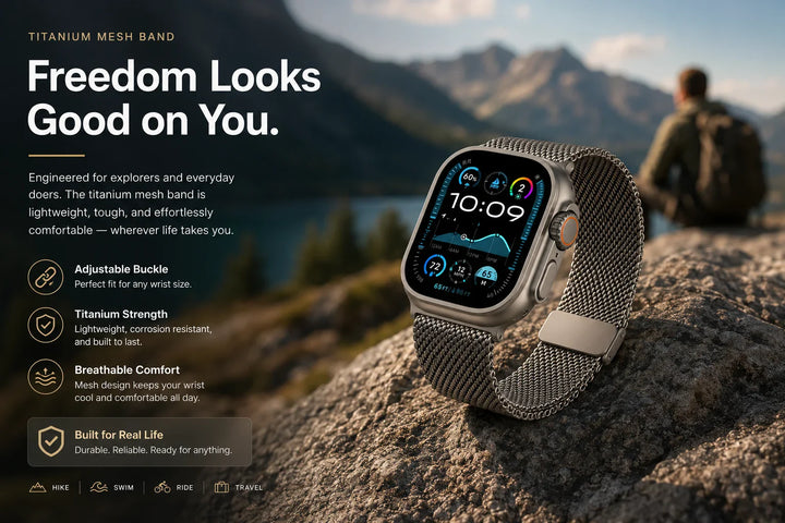 Creslia titanium mesh Apple Watch band with adjustable buckle — outdoor lifestyle photo showing premium metal weave finish