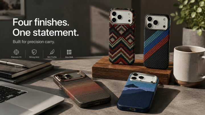 Creslia aramid fiber iPhone case in four premium finishes — slim profile with precision cutouts and woven carbon-aramid texture
