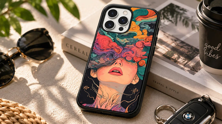 Creslia artistic iPhone case with colorful surreal portrait print — illustrated rainbow-hair portrait design in anime-adjacent illustrative style