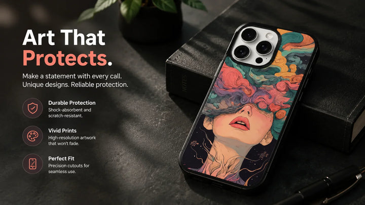 Creslia custom-printed artistic iPhone case in vibrant multicolor abstract design — protective polycarbonate with sharp HD print