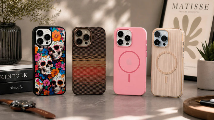 Creslia iPhone 17 case collection — designer floral skull, carbon fiber, pink frosted MagSafe and woven texture cases displayed on warm desk scene with watch, plant and magazine