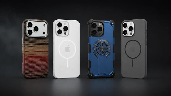 Creslia iPhone case material comparison lineup — aramid fiber, clear polycarbonate, rugged TPU and frosted silicone cases shown together