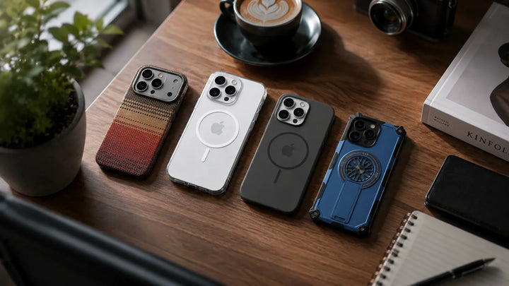 Creslia MagSafe iPhone case collection — fabric MagSafe, frosted clear MagSafe and rugged MagSafe cases showing N52 magnet alignment ring