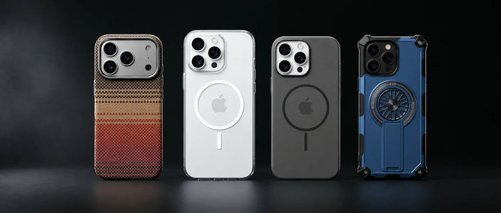 Creslia iPhone 17 Pro Max case lineup — woven carbon fiber, frosted clear MagSafe, slim grey MagSafe and blue heavy-duty armor kickstand cases on dark cinematic background