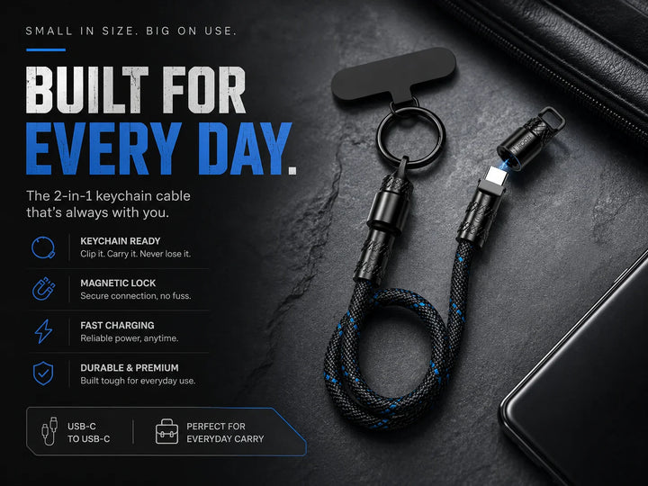 Creslia USB-C keychain charging cable in dark lifestyle setting — compact magnetic lock connector for everyday carry