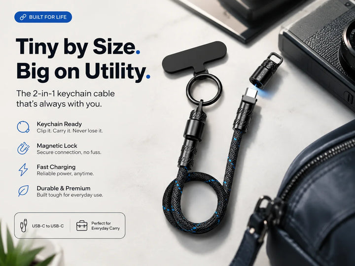 Creslia keychain USB-C charging cable with magnetic lock connector — premium phone-lanyard accessory in lifestyle setting