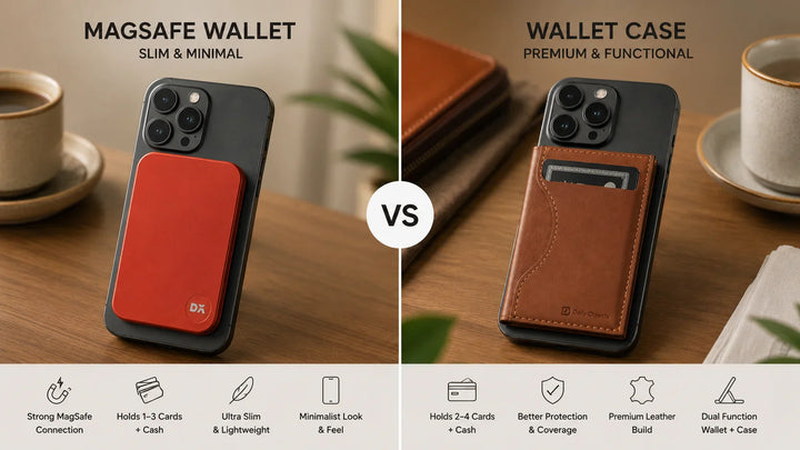 Creslia MagSafe wallet vs leather wallet case side-by-side comparison — slim magnetic card holder versus integrated folio wallet case