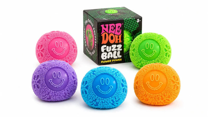 NeeDoh Fuzz Ball Flower Power - five smiley face sensory stress balls in pink, purple, blue, green and orange shown with retail box, by Schylling