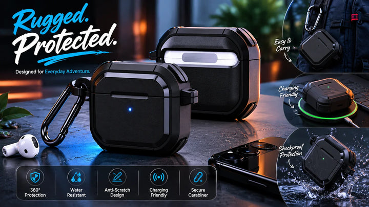 Creslia rugged waterproof shockproof AirPods case with stainless-steel carabiner clip — durable design for outdoor and gym use