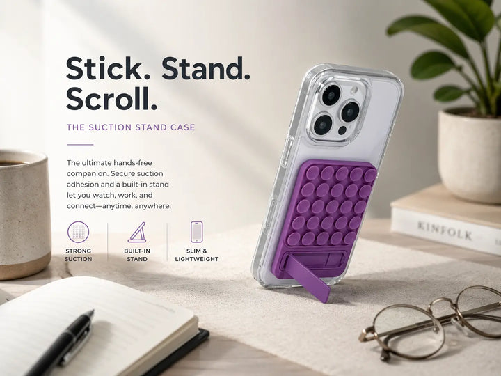 Creslia suction stand iPhone case in purple/clear with built-in kickstand — lifestyle shot showing hands-free phone grip alternative