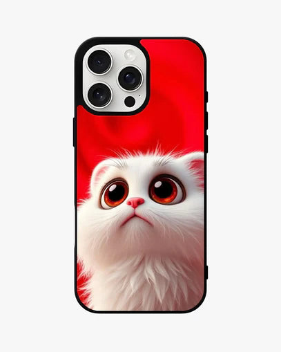 Cute Kitten Printed Case-iPhone, Samsung & Pixel Covers 2025 featuring a wide-eyed white kitten on a glossy aluminum back panel with red background.