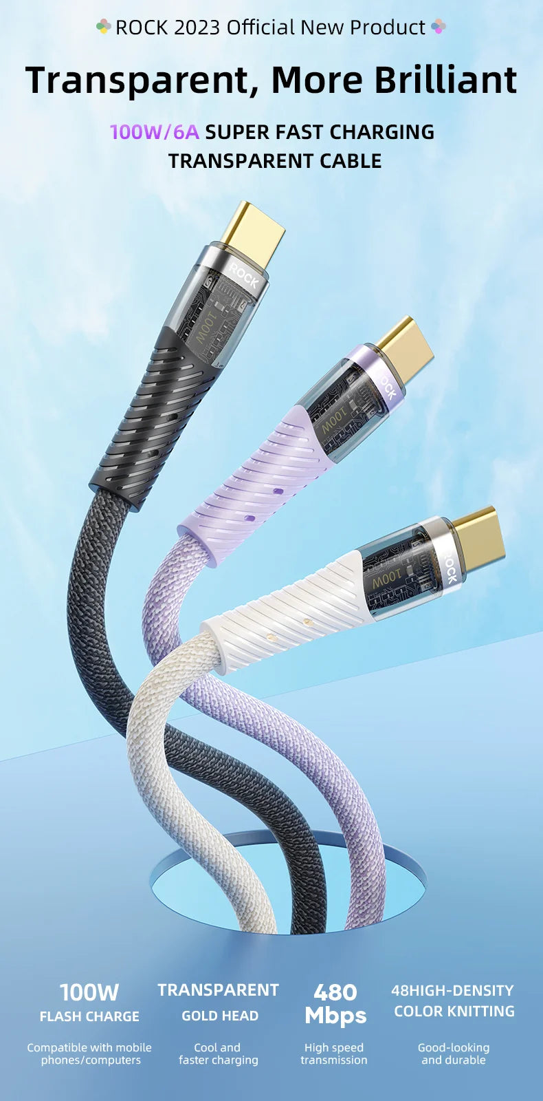 ROCK Z21 100W Transparent USB-C to USB-C Cable – Fast Charging & Data Transfer (1.2m)