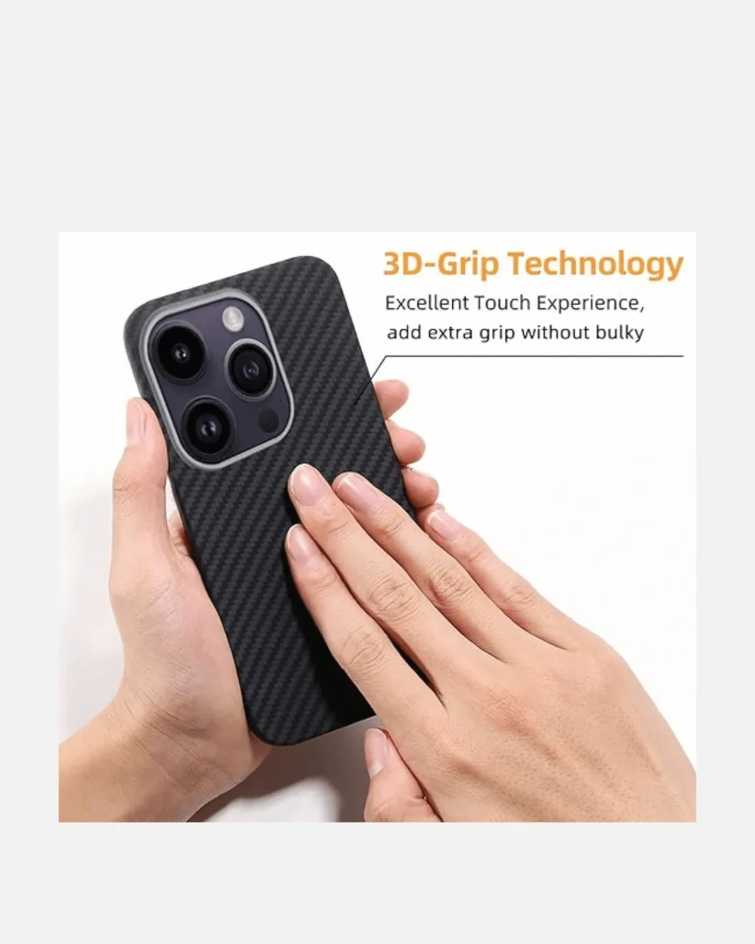 Close-up of hands holding a MagSafe compatible ultra-thin aramid fiber iPhone case showcasing 3D-grip technology.