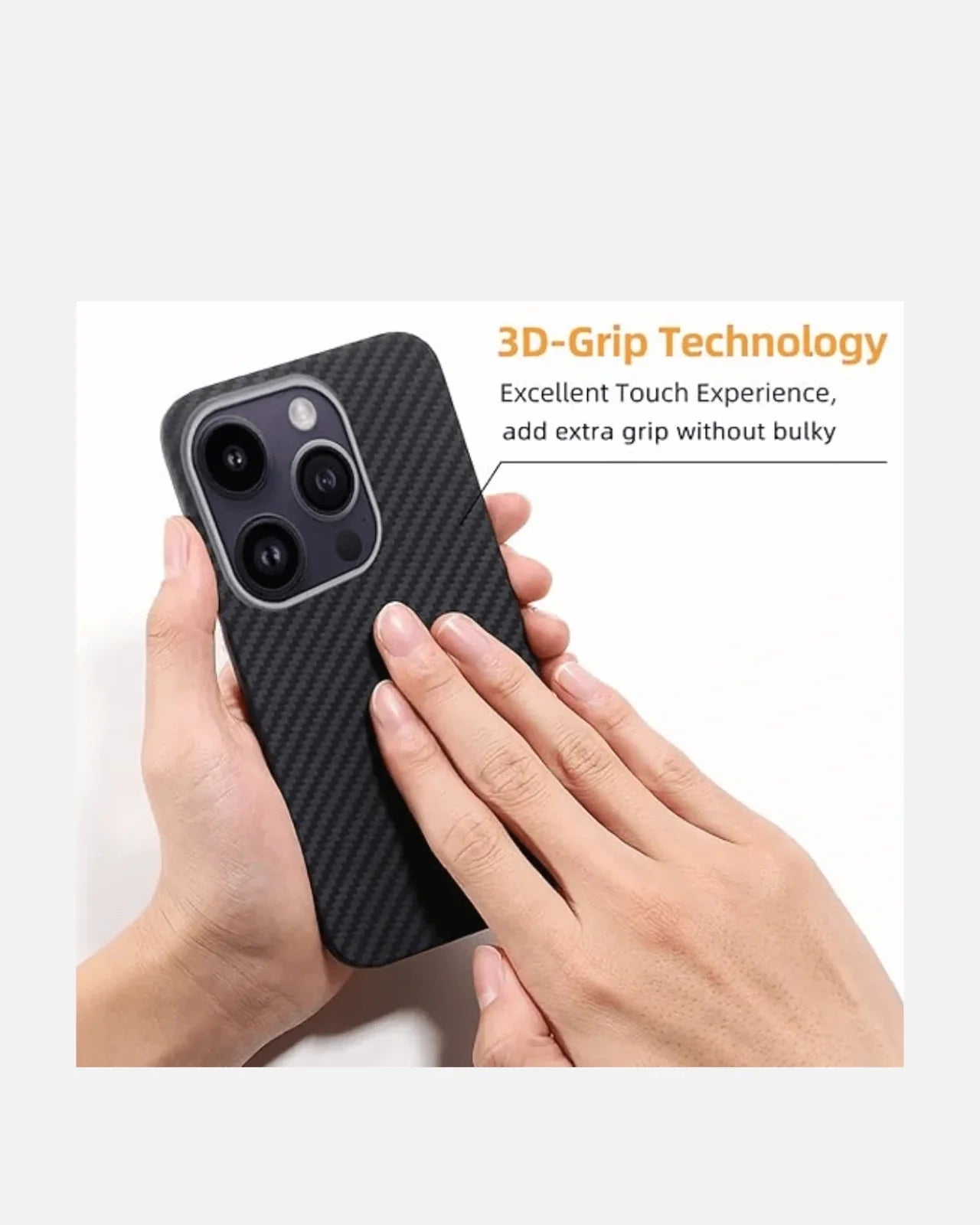 Close-up of hands holding a MagSafe compatible ultra-thin aramid fiber iPhone case showcasing 3D-grip technology.