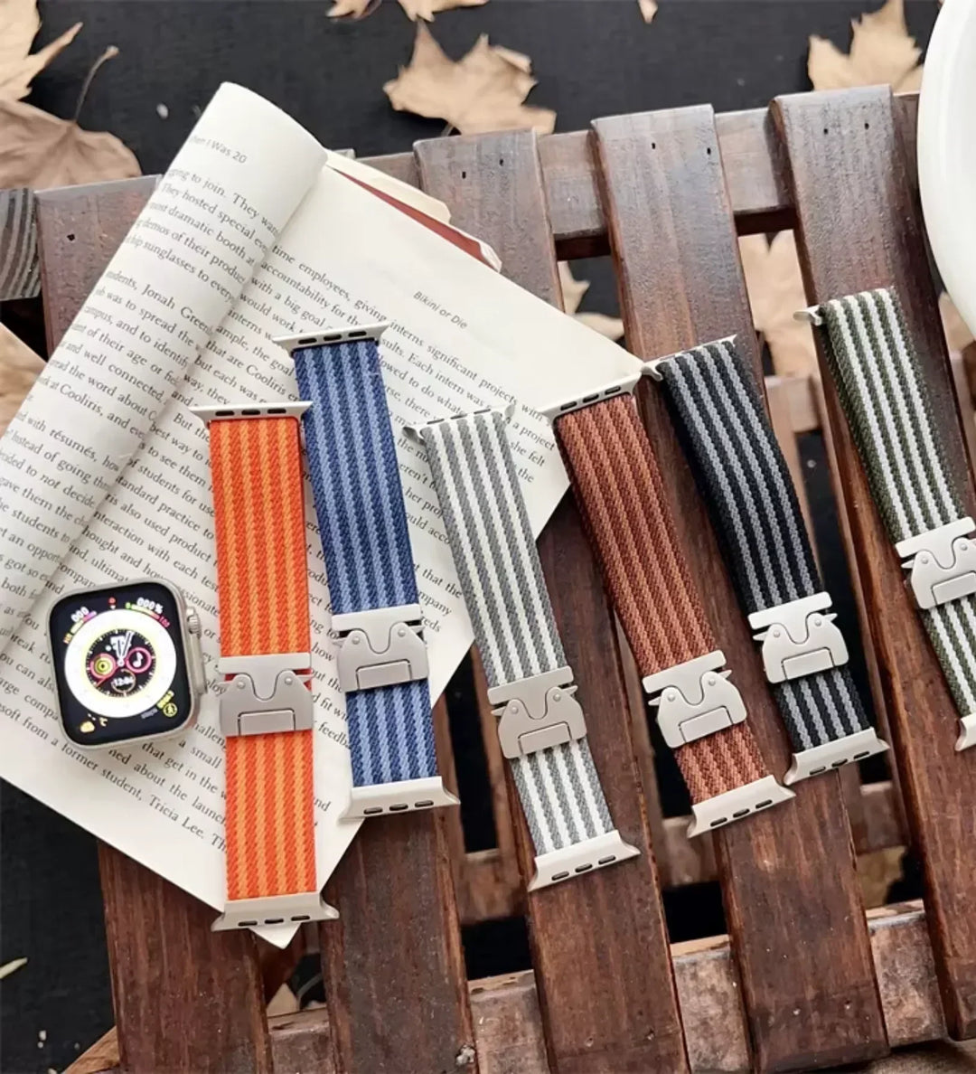 Parachute-Buckle Striped Nylon Apple Watch Band – Olive Green - Creslia