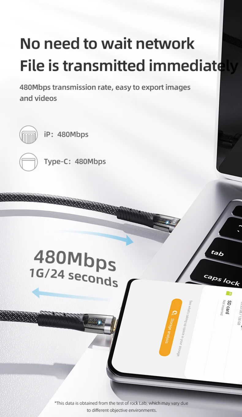 ROCK Z21 100W Transparent USB-C to USB-C Cable – Fast Charging & Data Transfer (1.2m)