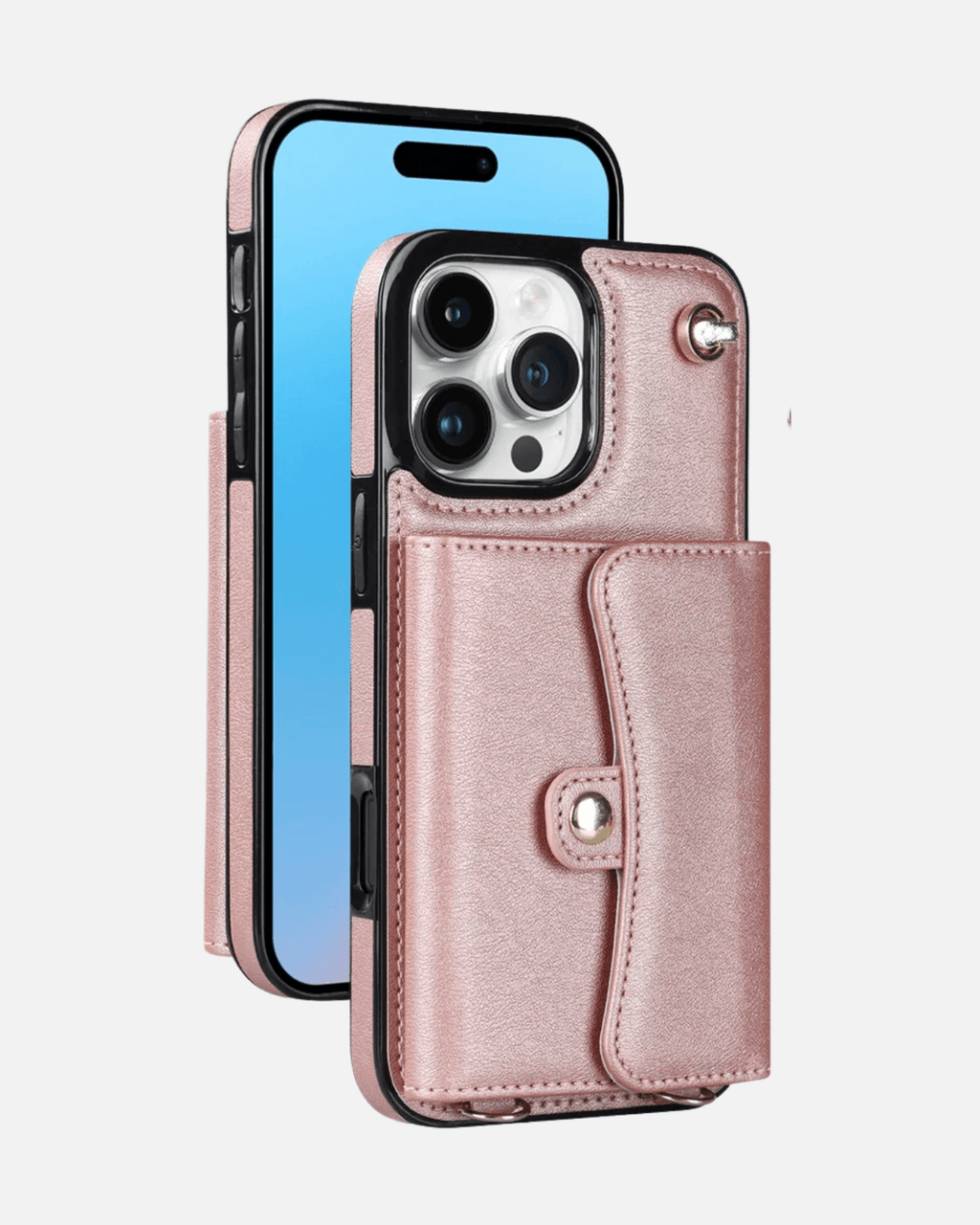 8-in-1 RFID Wallet Case for iPhone 16 Pro Max in rose gold, featuring card slots and crossbody strap.