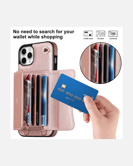 8-in-1 RFID wallet case for iPhone 16 Pro Max in rose gold, showcasing card slots and hands holding a credit card.