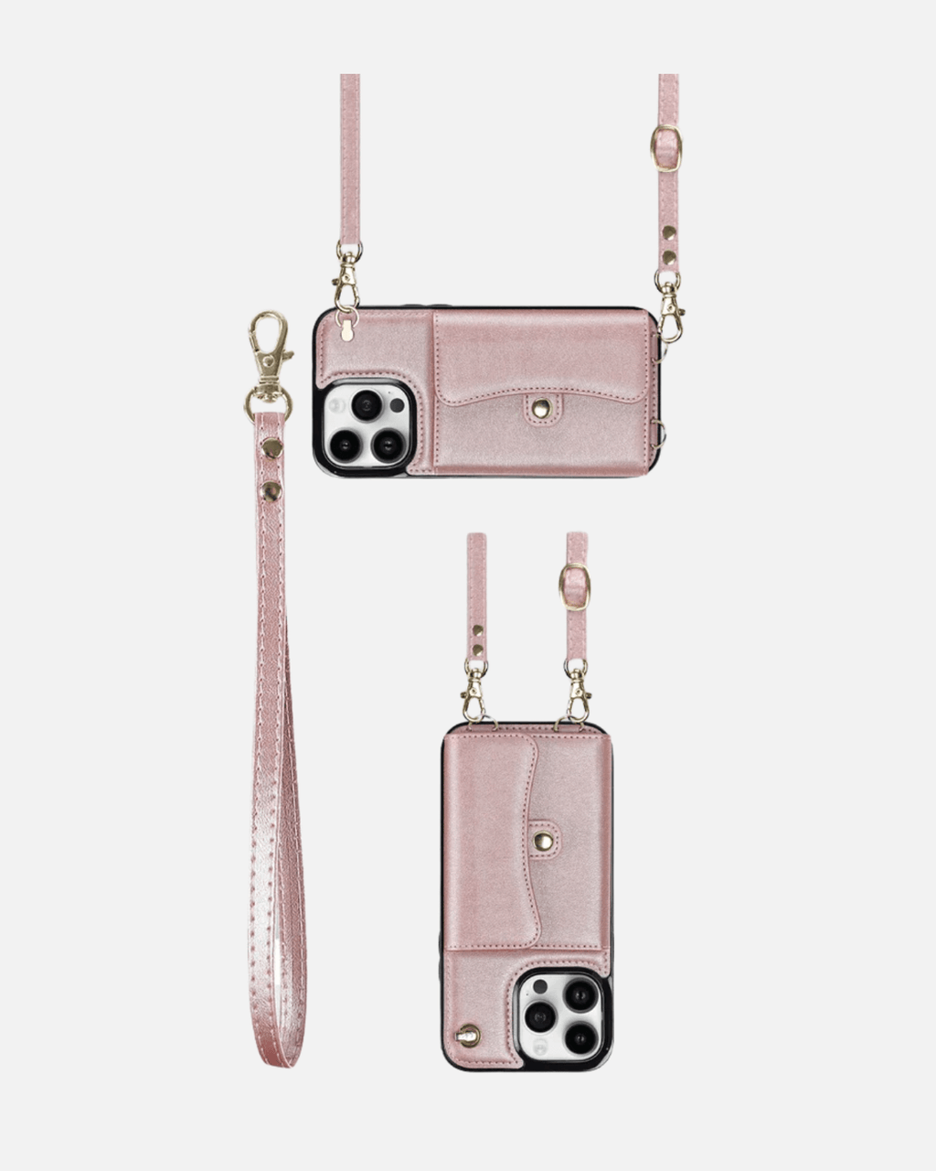 8-in-1 RFID wallet case with detachable crossbody strap for iPhone 16 Pro Max in rose gold finish.