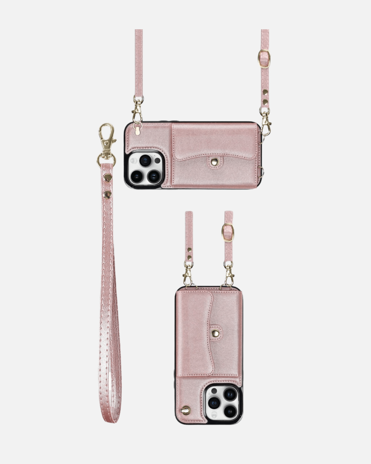 8-in-1 RFID wallet case with detachable crossbody strap for iPhone 16 Pro Max in rose gold finish.