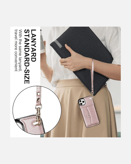 Woman holding a black laptop and wearing a pink lanyard wallet case, showcasing hands-free travel convenience.