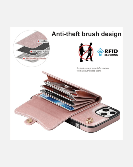 8-in-1 RFID Wallet Case for iPhone 16 Pro Max in rose gold, featuring anti-theft design and card slots.