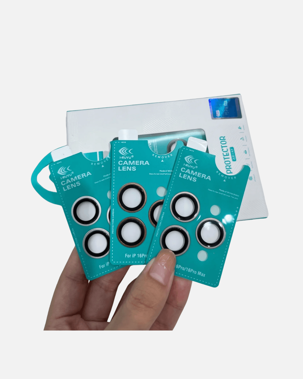 Three 9H tempered glass camera lens protectors for iPhone 16 Pro and Pro Max, displaying anti-fingerprint features.