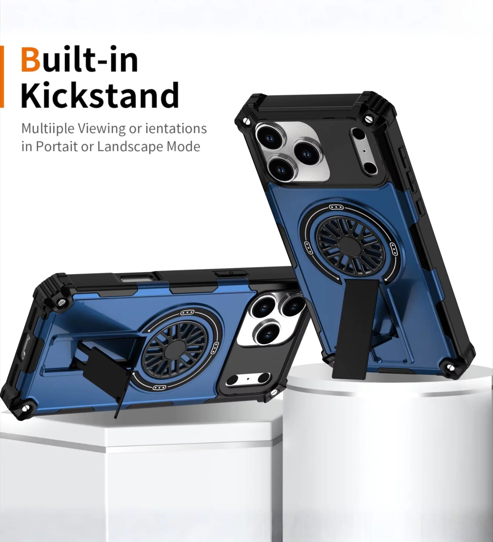 Heavy Duty Magnetic Armor iPhone Case with Kickstand & Spin Wheel - Blue