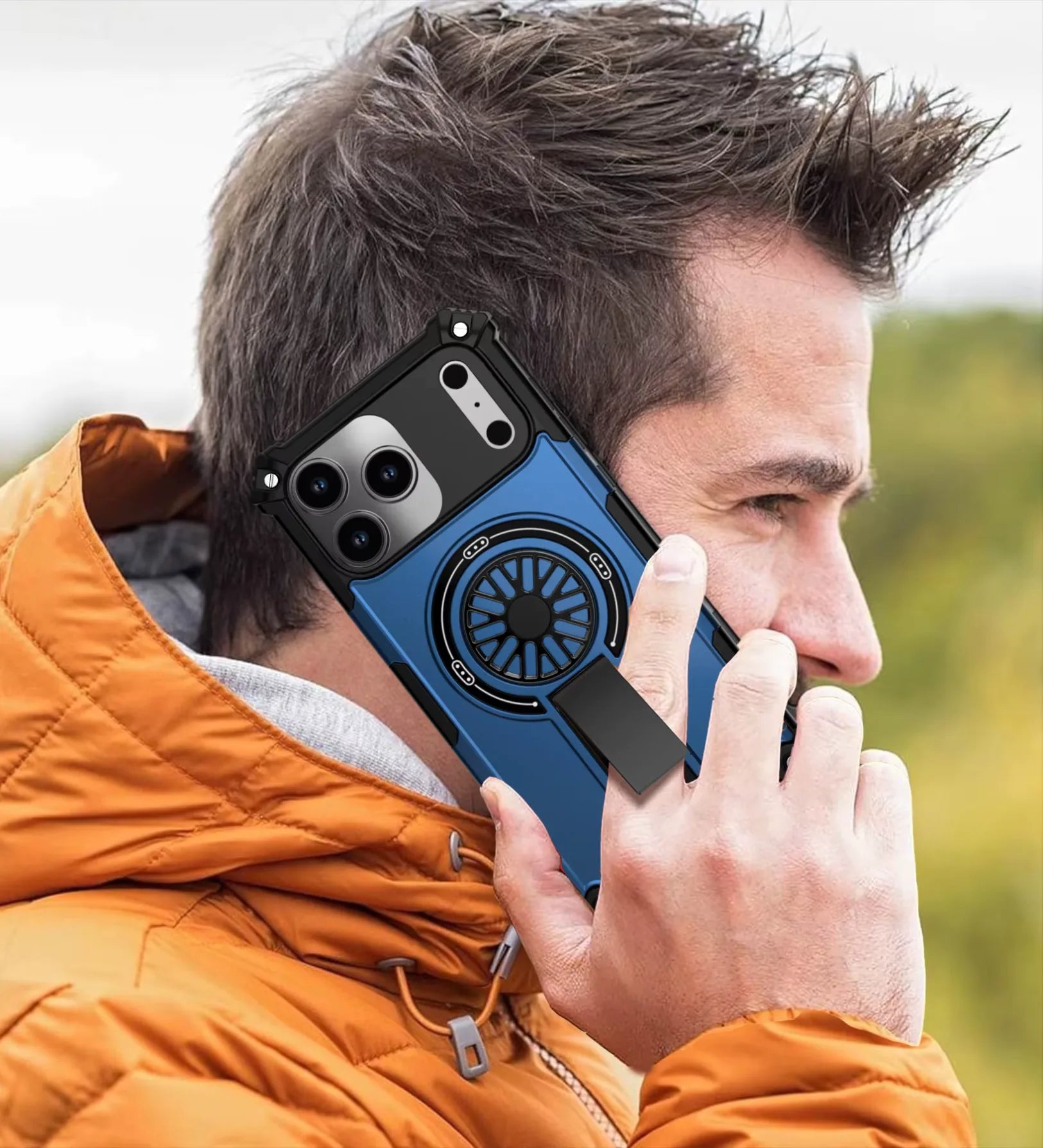 Heavy Duty Magnetic Armor iPhone Case with Kickstand & Spin Wheel - Blue