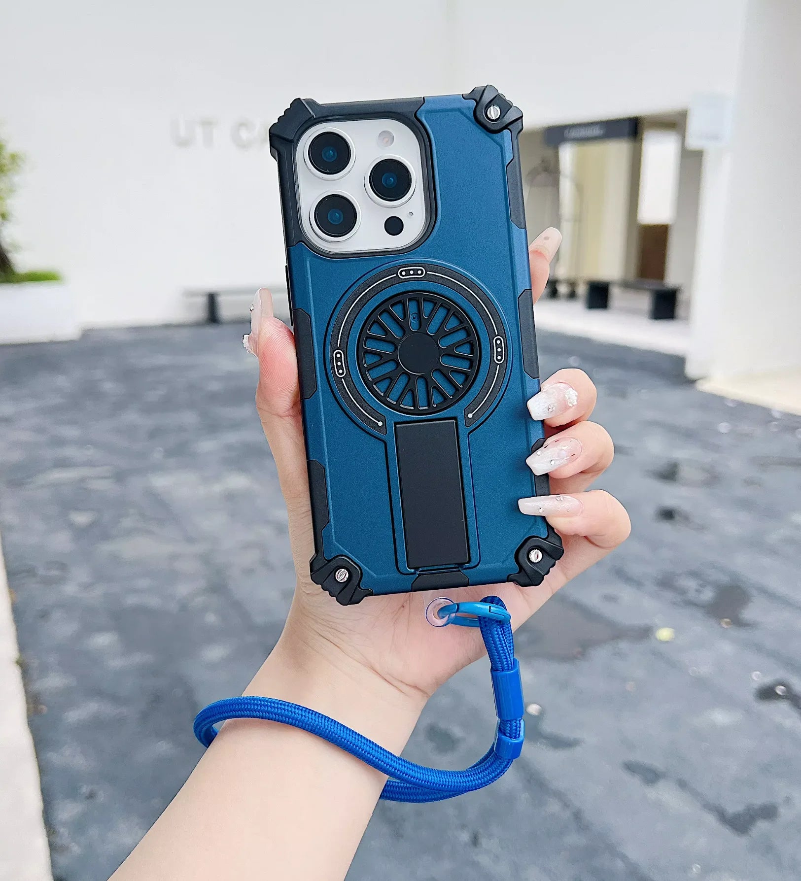 Heavy Duty Magnetic Armor iPhone Case with Kickstand & Spin Wheel - Blue