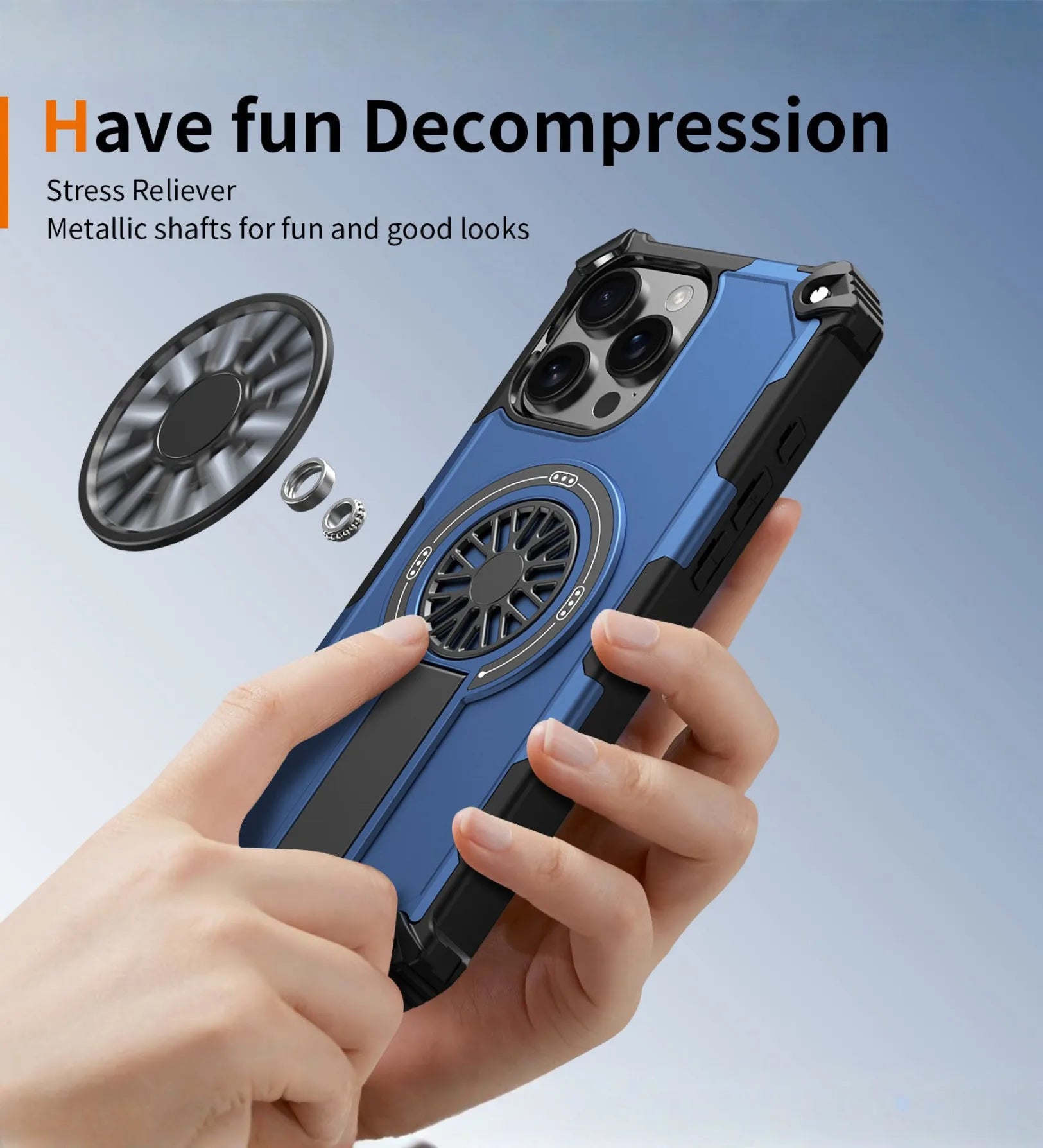 Heavy Duty Magnetic Armor iPhone Case with Kickstand & Spin Wheel - Blue