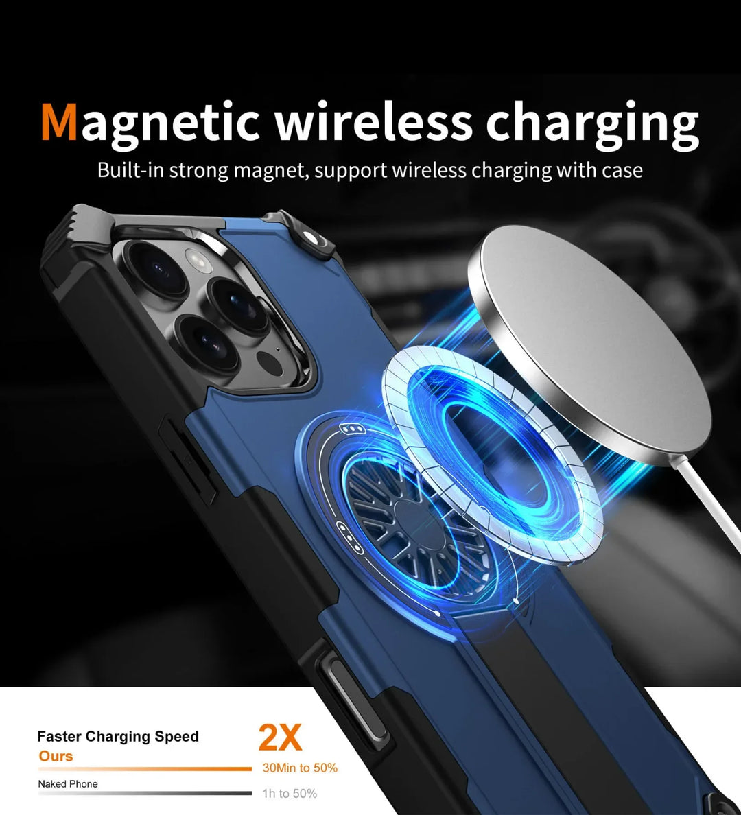 Heavy Duty Magnetic Armor iPhone Case with Kickstand & Spin Wheel - Blue - Creslia