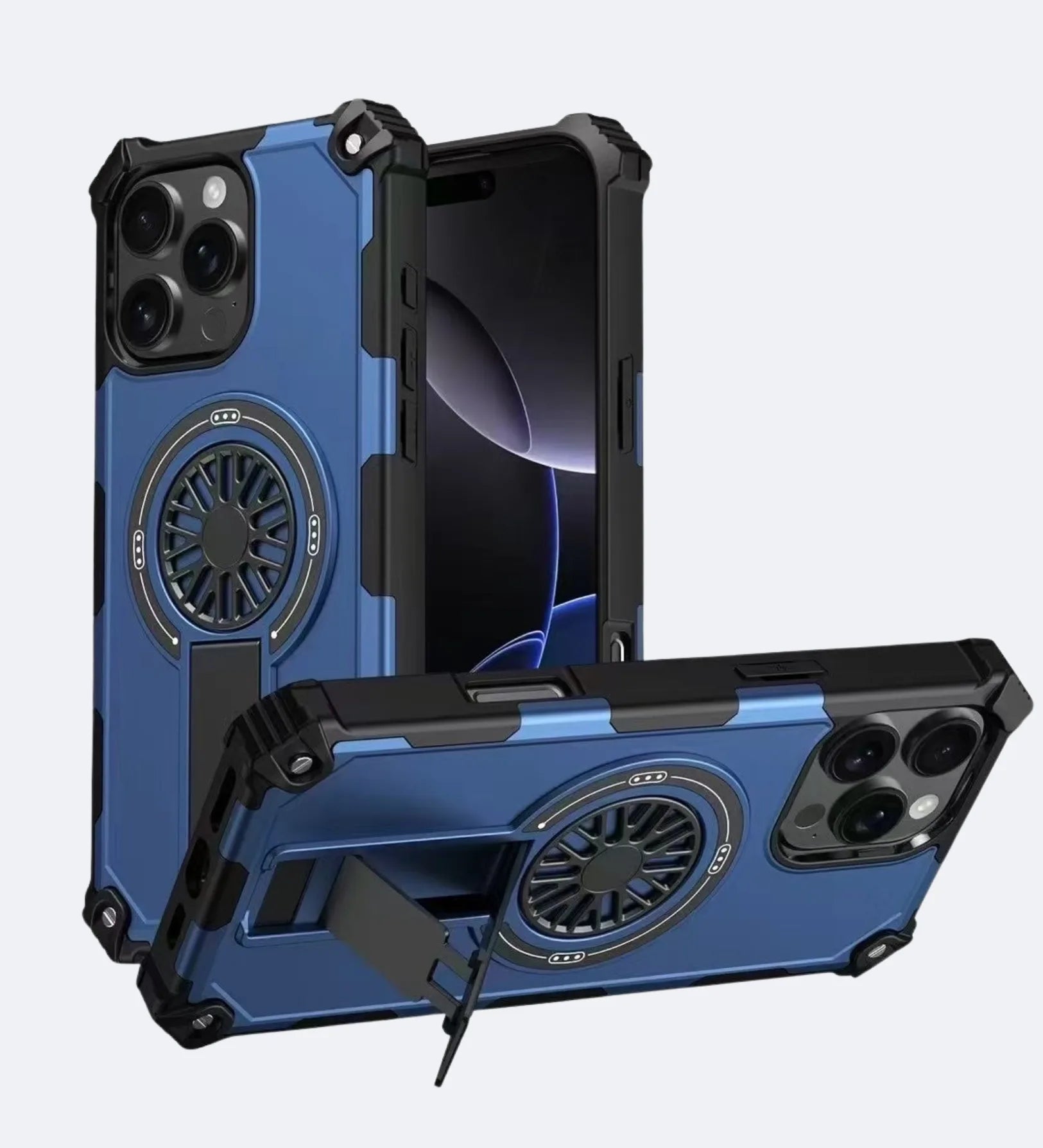 Heavy Duty Magnetic Armor iPhone Case with Kickstand & Spin Wheel - Blue