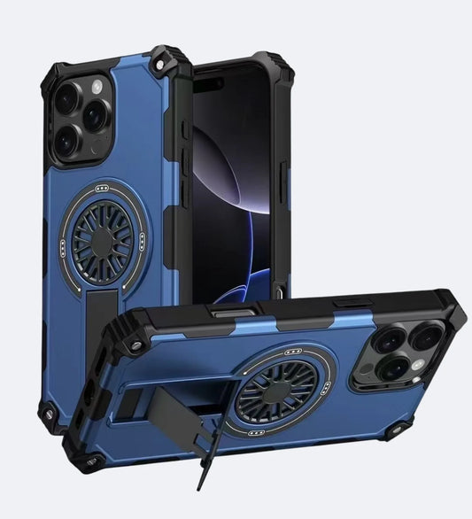 Heavy Duty Magnetic Armor iPhone Case with Kickstand & Spin Wheel - Blue