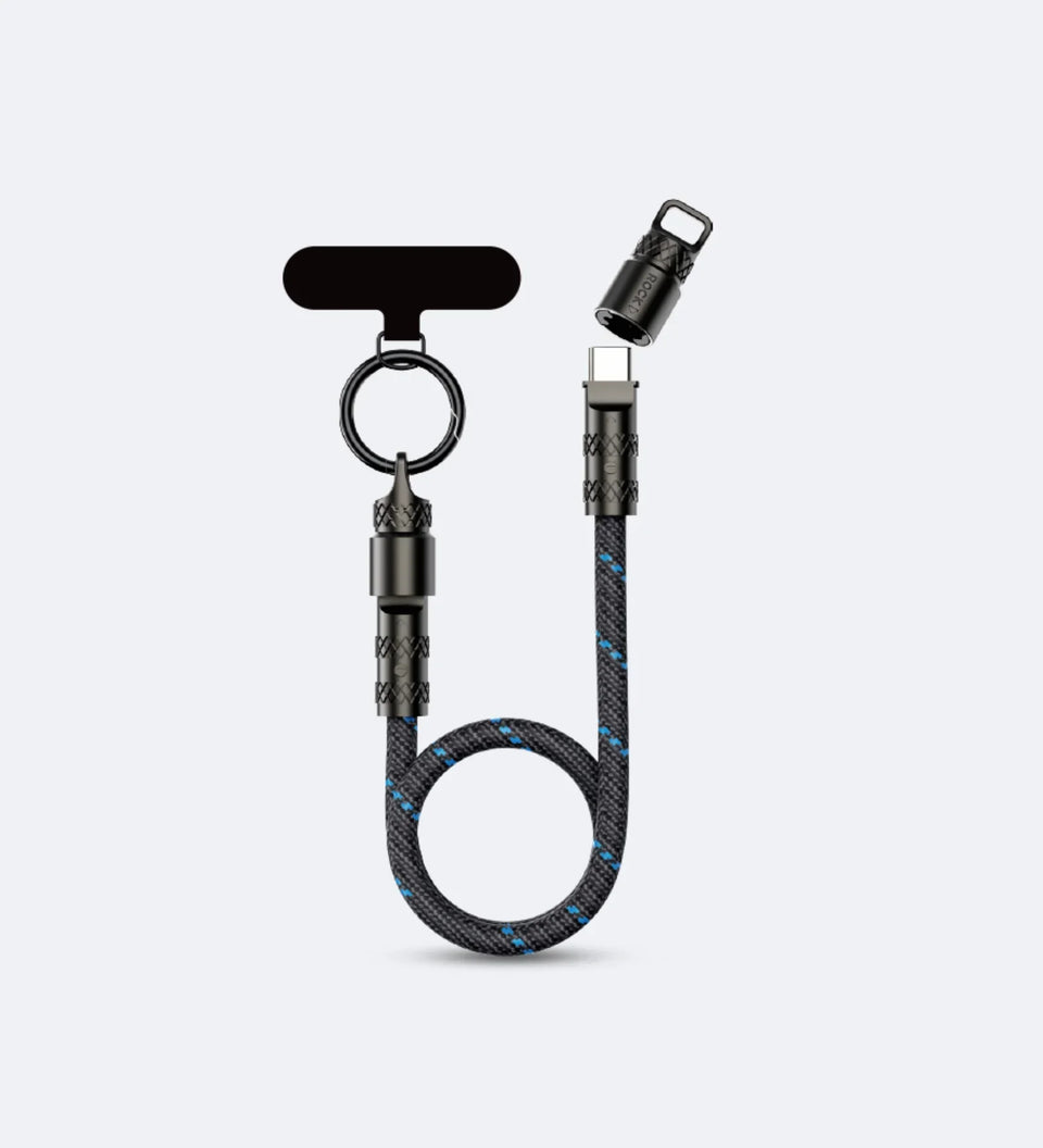 Creslia ROCK R15 black nylon-braided USB-C fast-charging cable with a wrist lanyard clasp