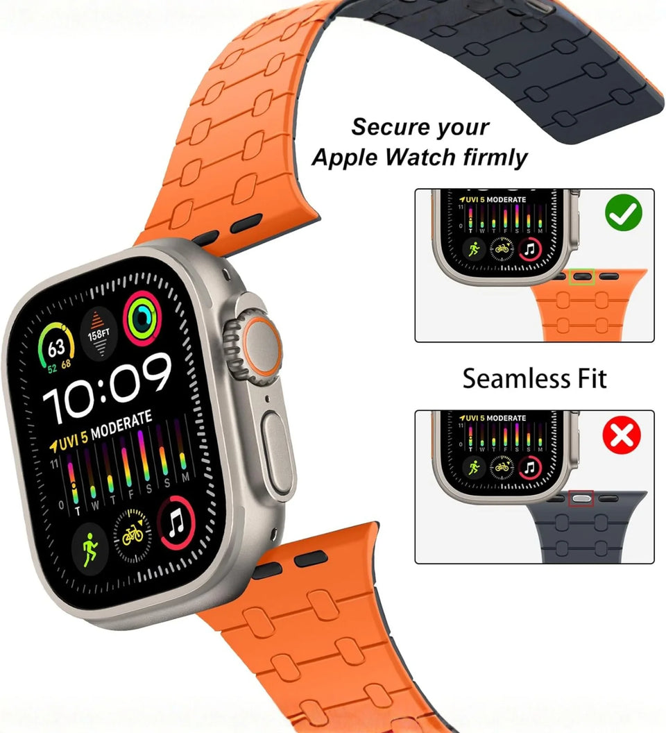 Creslia Magnetic Link Apple watch band  with an orange band, showing a close-up of the band fitting securely.