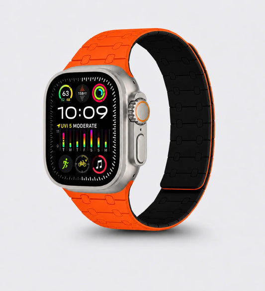 Creslia Magnetic Link apple watch band  with an red and black band on a light gray background