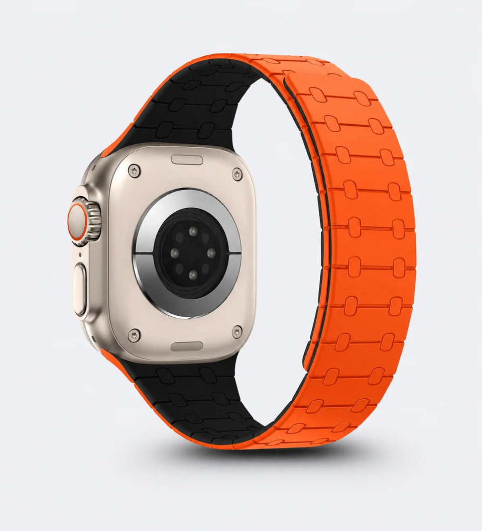 Creslia Magnetic Link apple watch band  with an Red and black patterned band on a light gray background