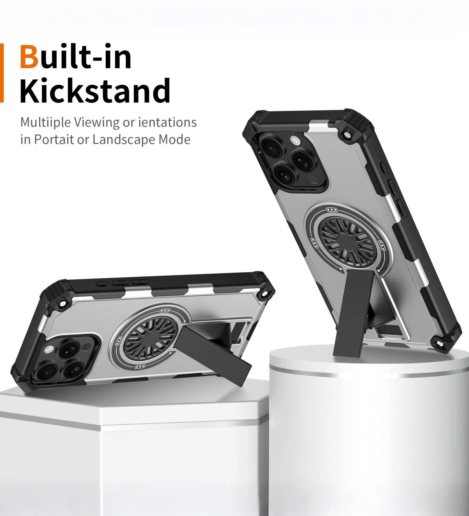 Heavy Duty Magnetic Armor iPhone Case with Kickstand & Spin Wheel - Grey