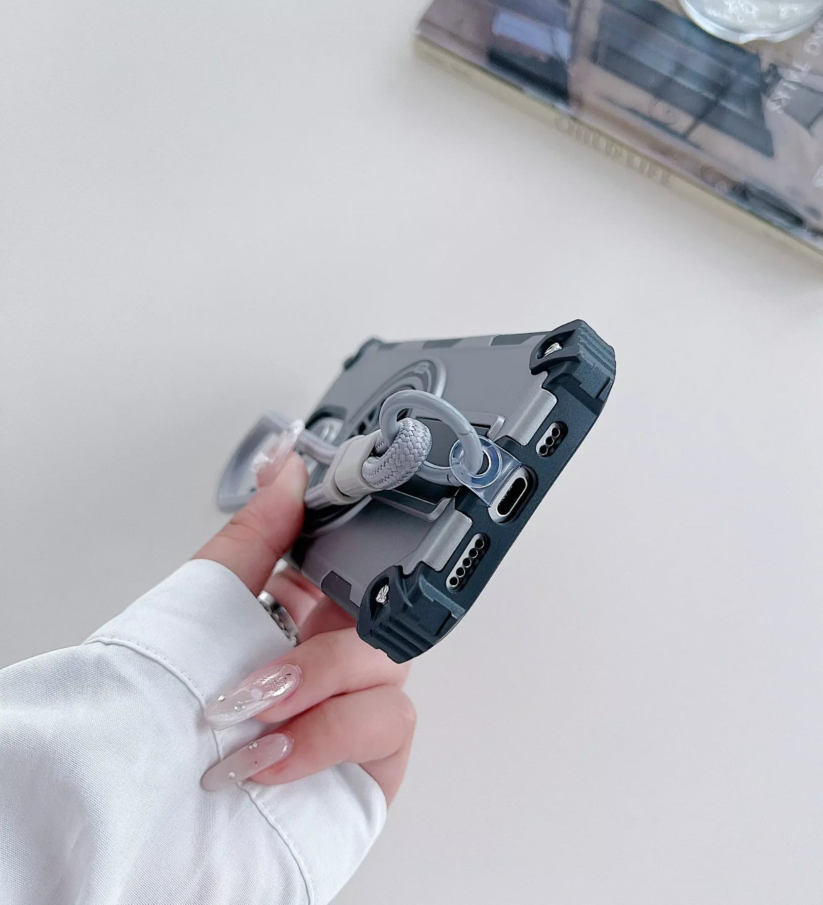 Heavy Duty Magnetic Armor iPhone Case with Kickstand & Spin Wheel - Grey