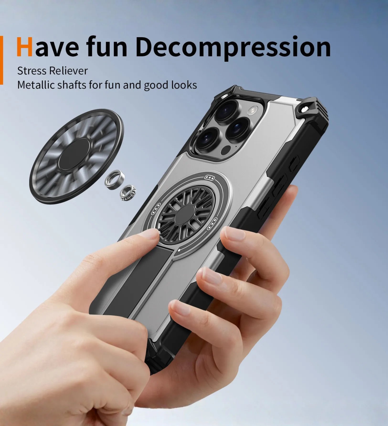 Heavy Duty Magnetic Armor iPhone Case with Kickstand & Spin Wheel - Grey