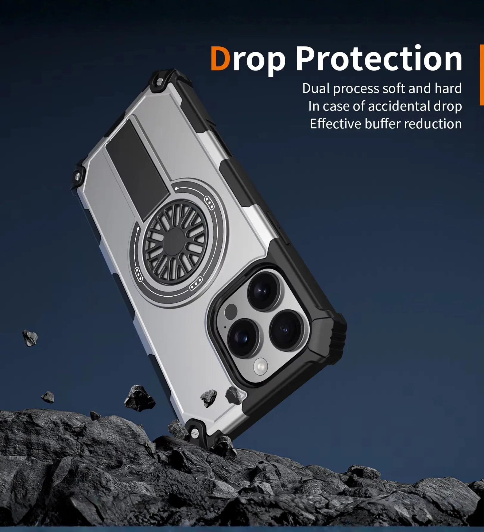 Heavy Duty Magnetic Armor iPhone Case with Kickstand & Spin Wheel - Grey